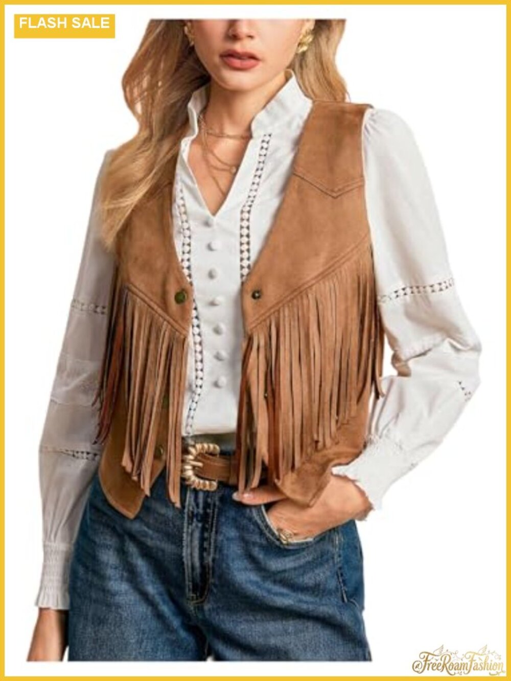Women's Western Fringe Vest Faux Suede Sleeveless Button Down Cropped Jacket